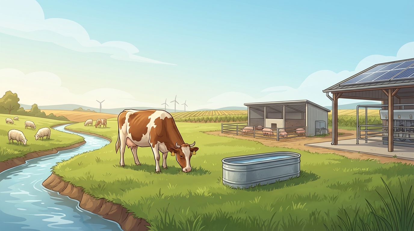 Illustrated mixed farm showing dairy cow, sheep, pigs, stream and dairy shed.
